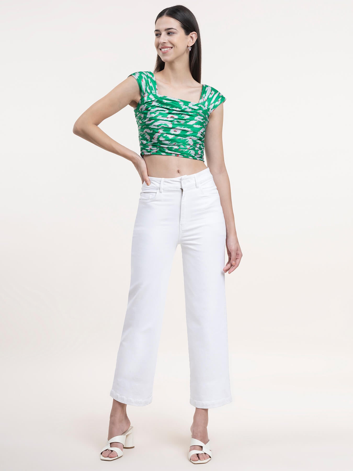 Satin Drape Top - Green And White