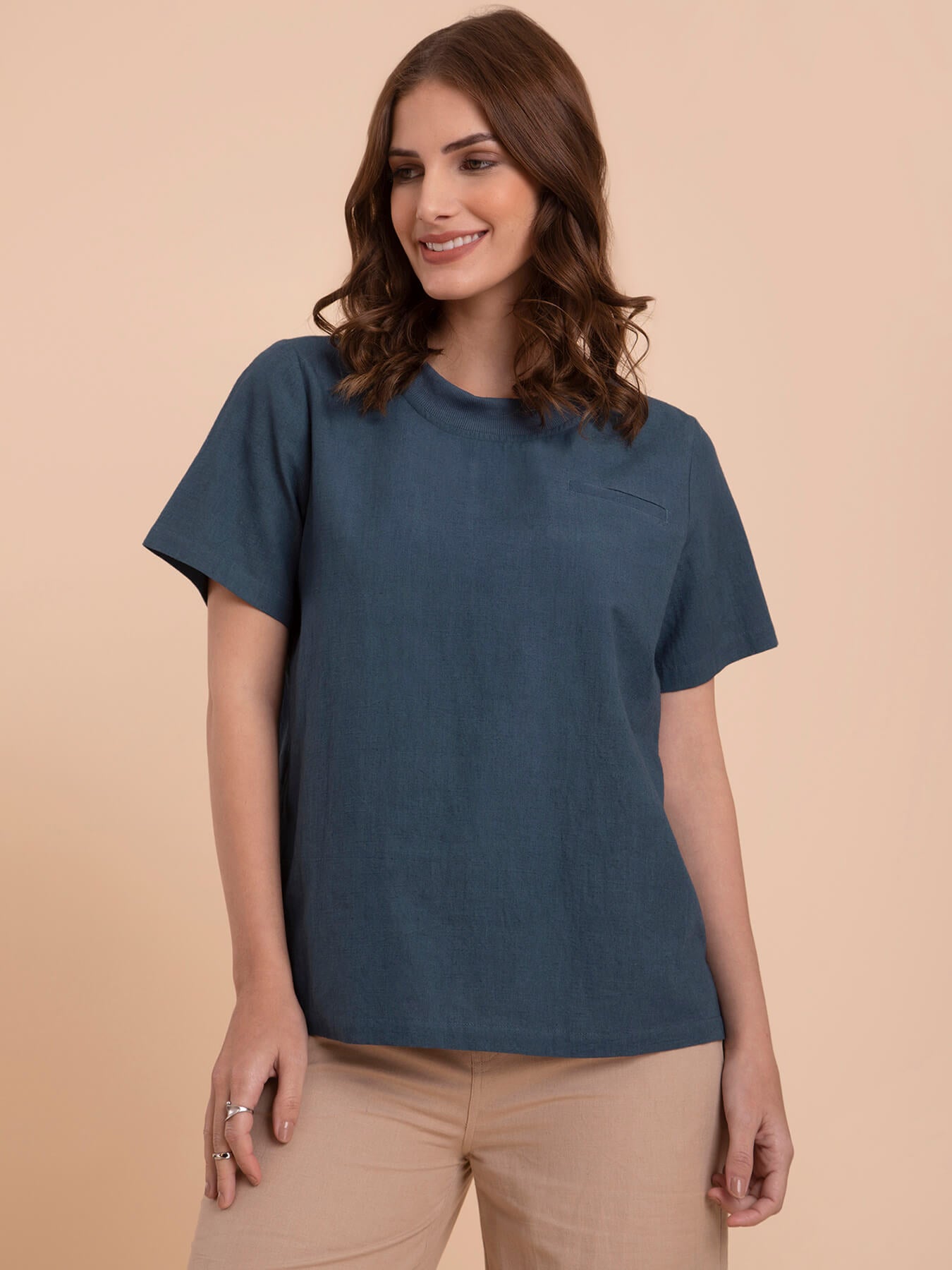 Linen Round Neck Top - Blue