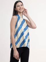 Satin Halter Neck Top - Beige and Blue