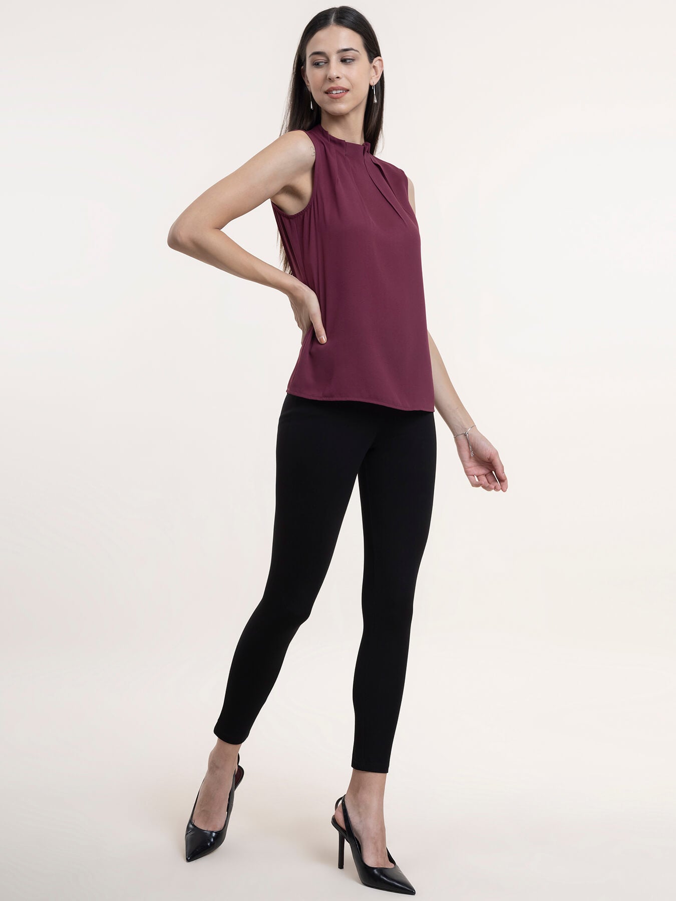 Georgette High Neck Top - Wine| Formal Tops