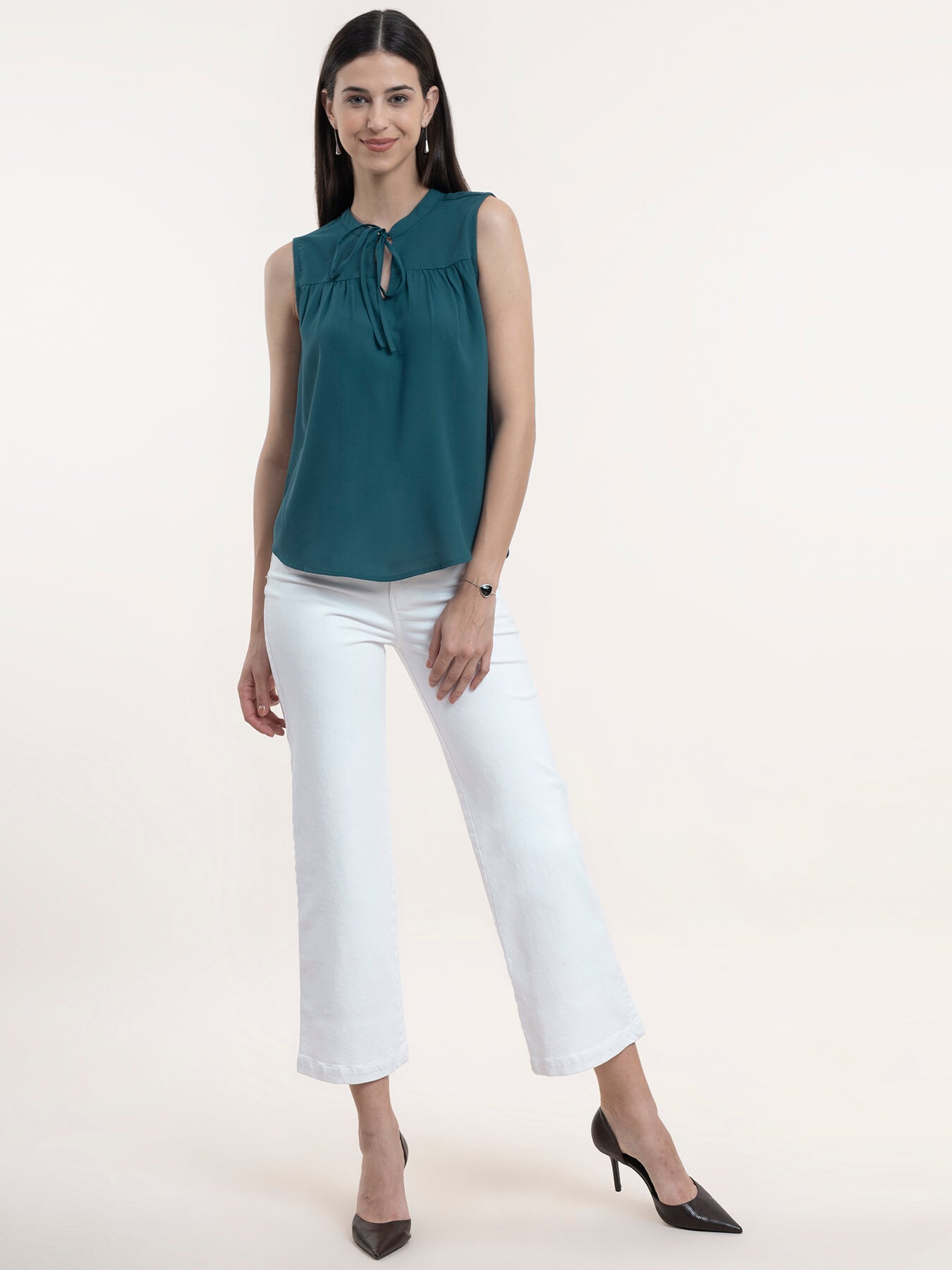 Georgette Tie-Up Neck Top - Teal| Formal Tops