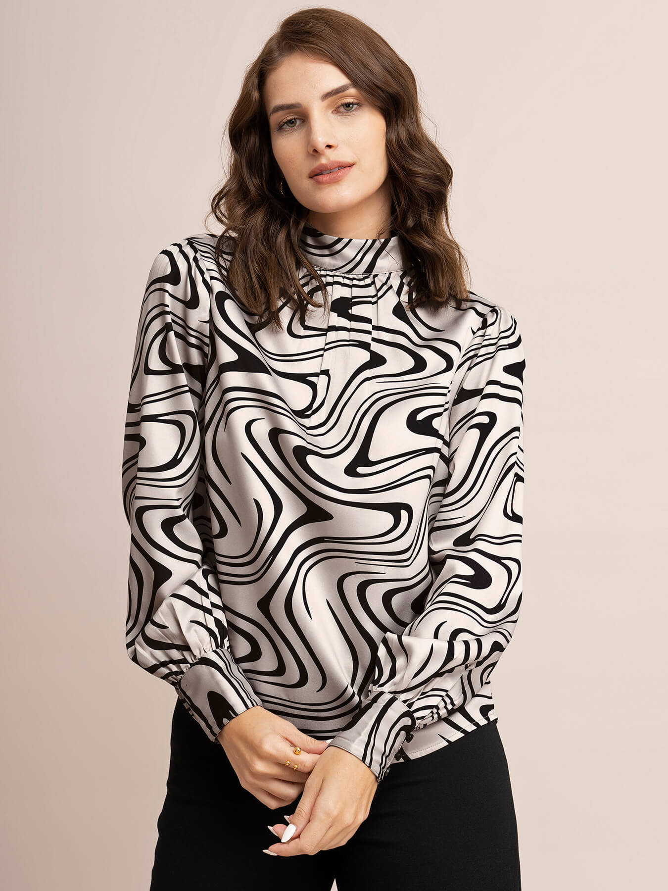 Satin Abstract Print Top - Beige And Black