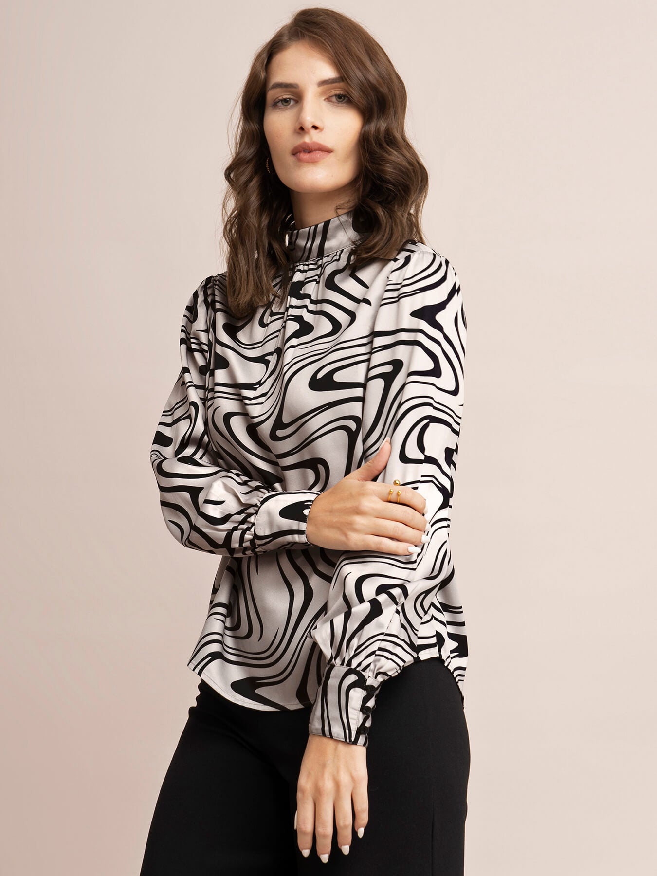 Satin Abstract Print Top - Beige And Black
