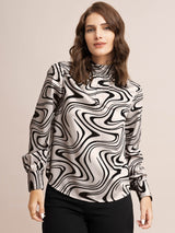 Satin Abstract Print Top - Beige And Black