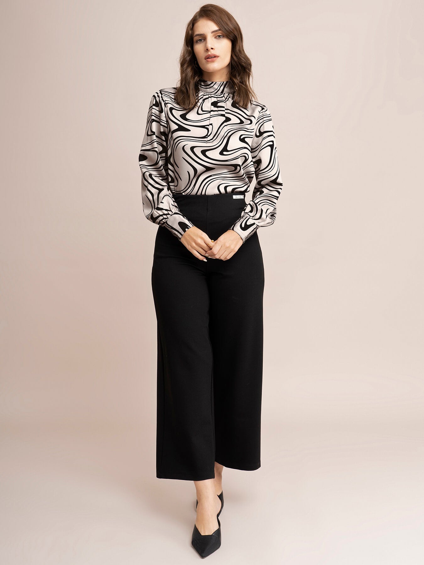 Satin Abstract Print Top - Beige And Black