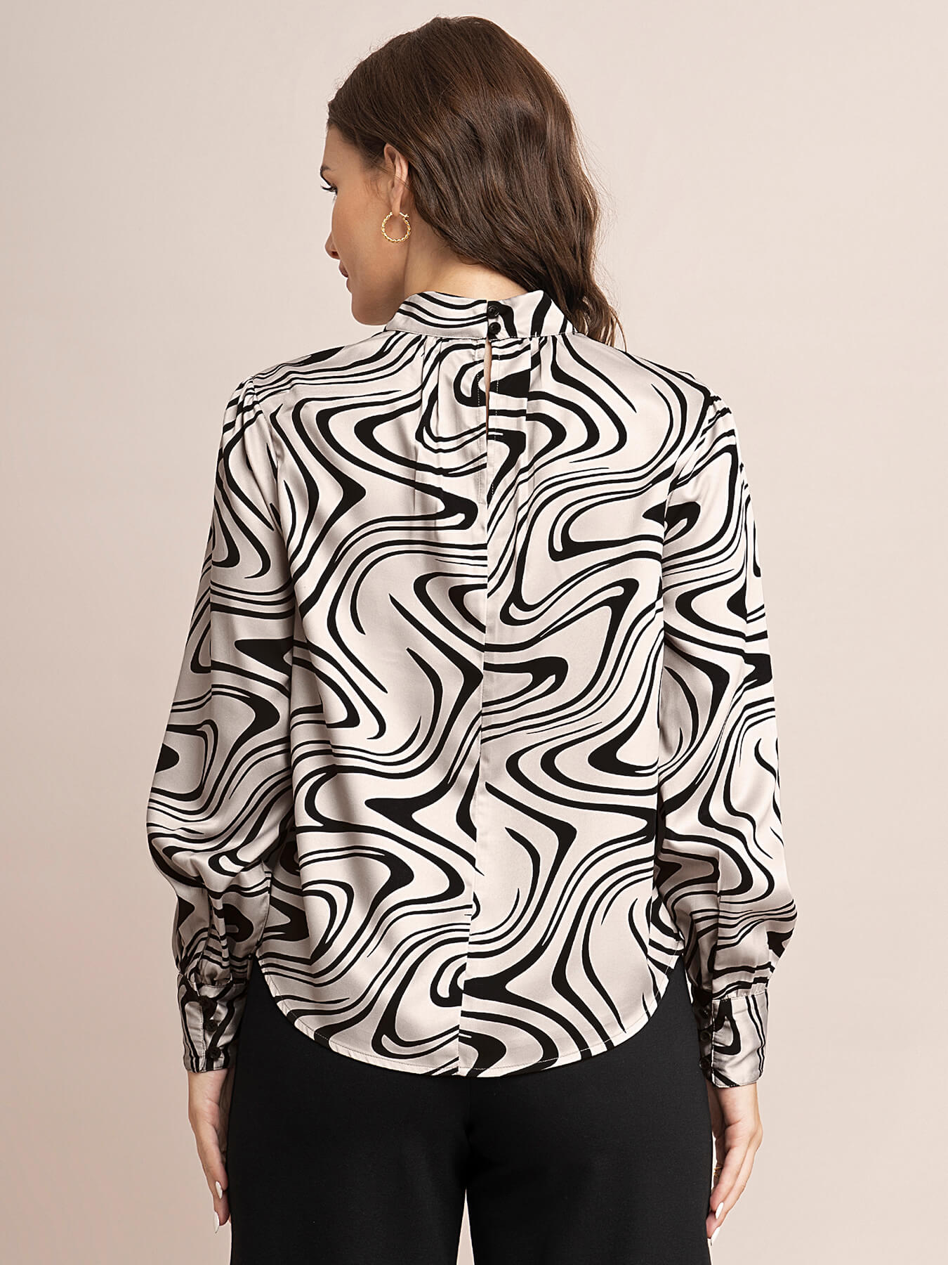 Satin Abstract Print Top - Beige And Black
