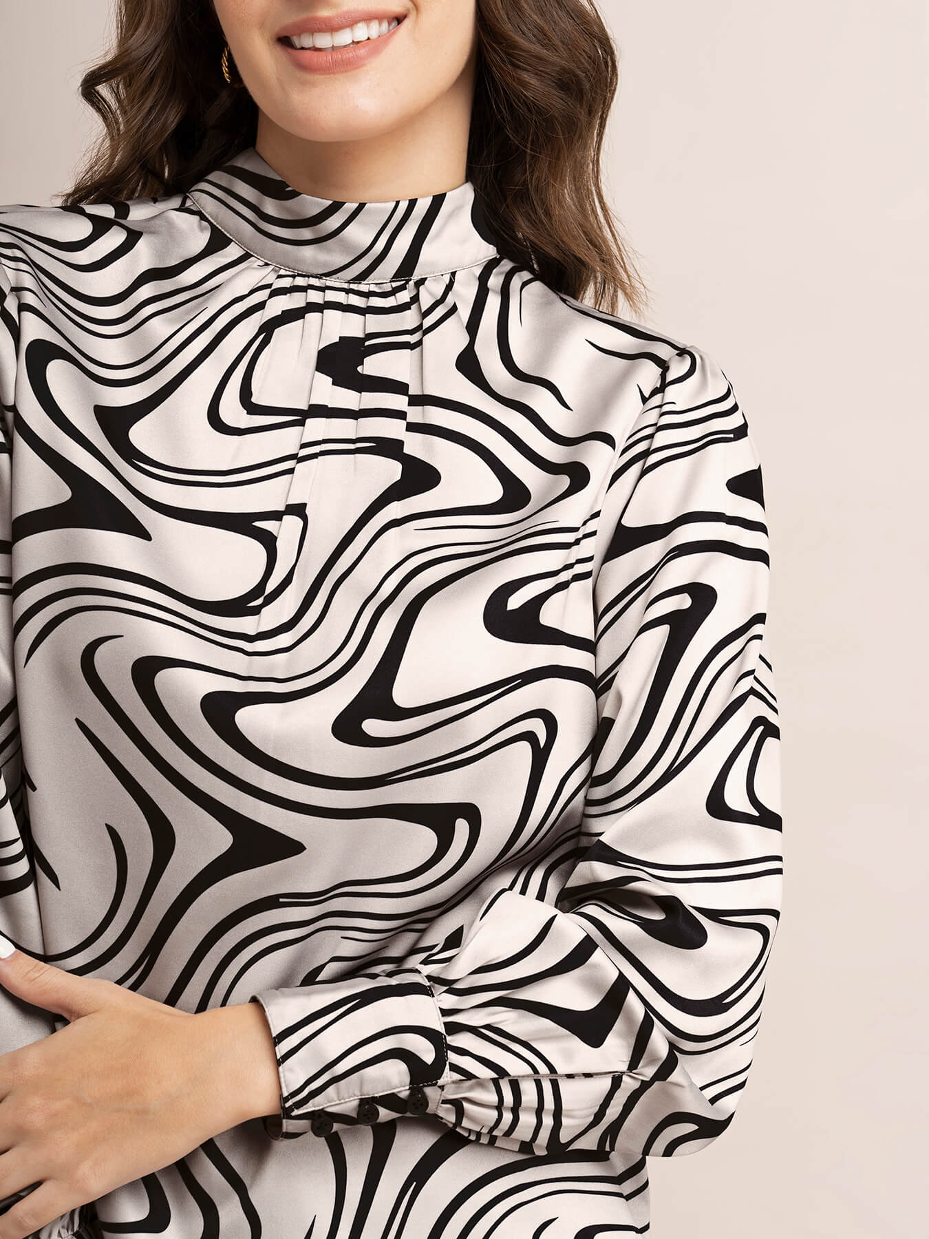 Satin Abstract Print Top - Beige And Black