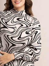 Satin Abstract Print Top - Beige And Black