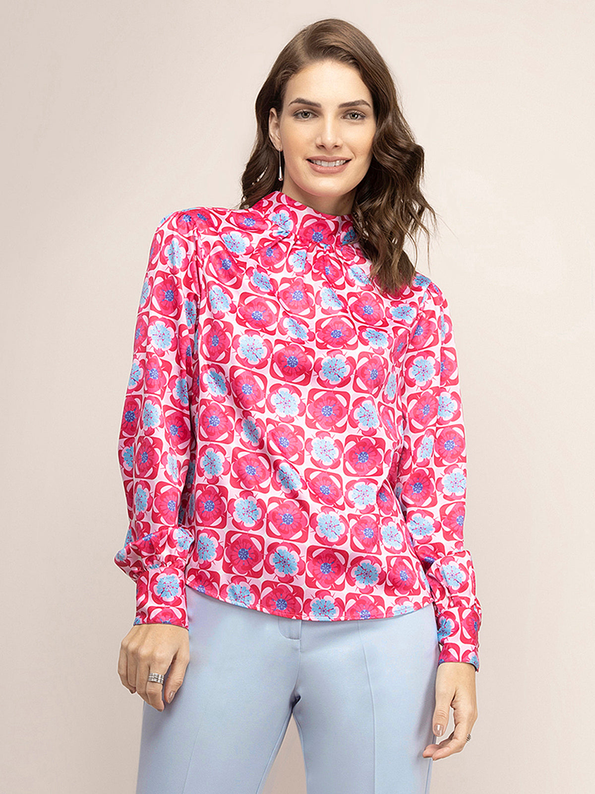 Satin Geometric Print Top - Fuchsia