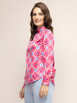 Satin Geometric Print Top - Fuchsia