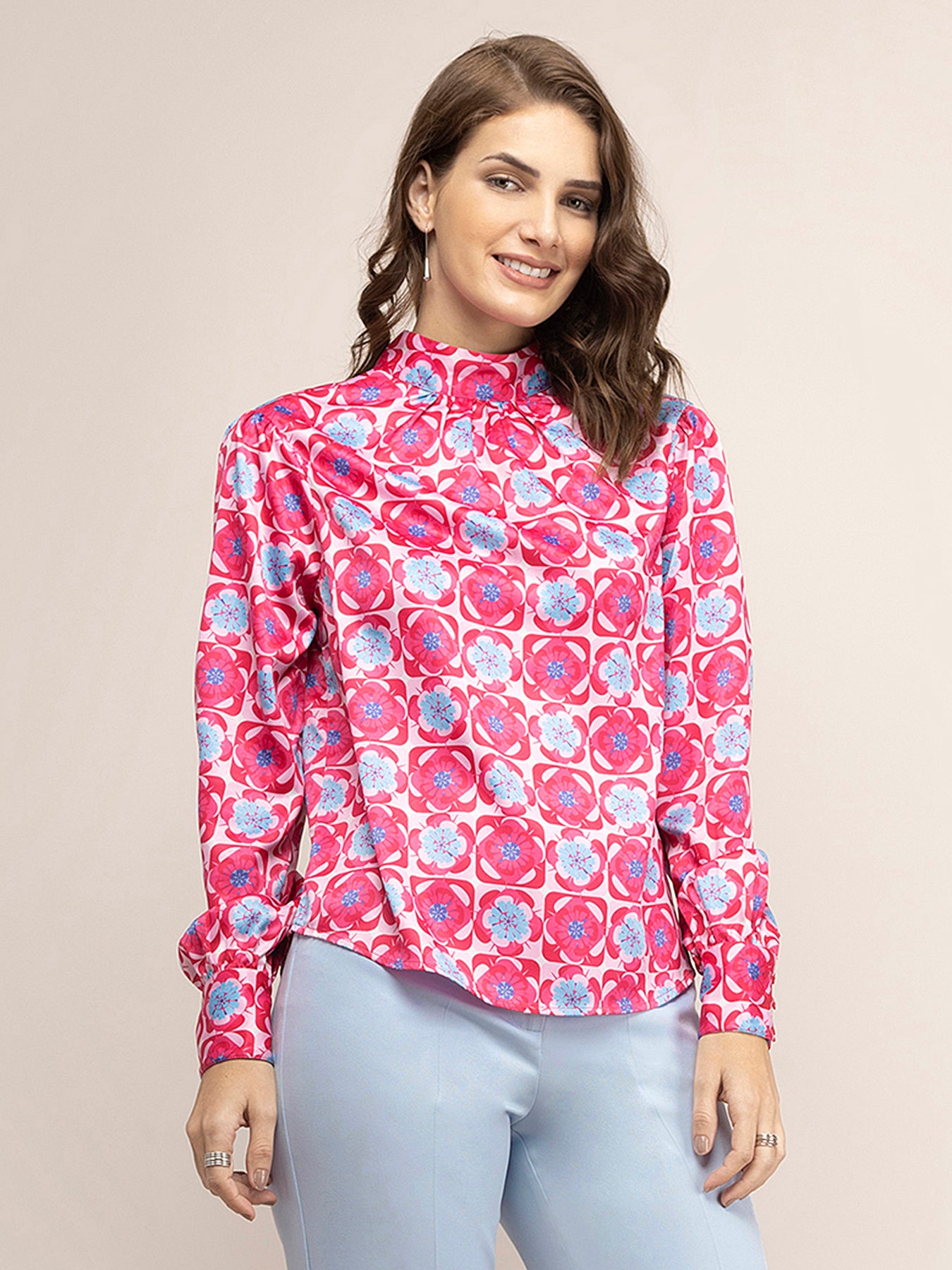 Satin Geometric Print Top - Fuchsia