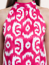 Satin Ikkat Print Top - Fuchsia and White