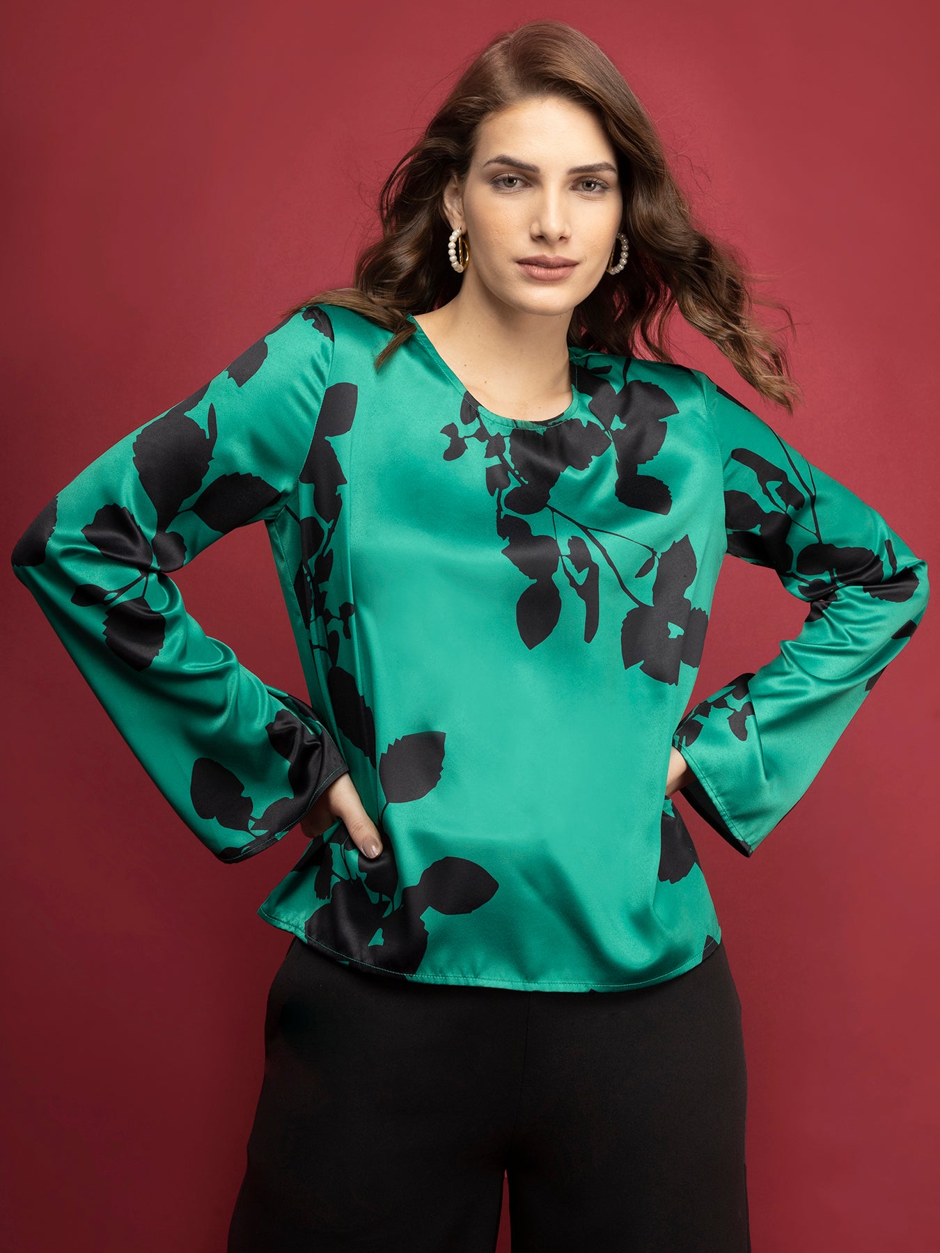 Satin Bell Sleeve Top - Green And Black