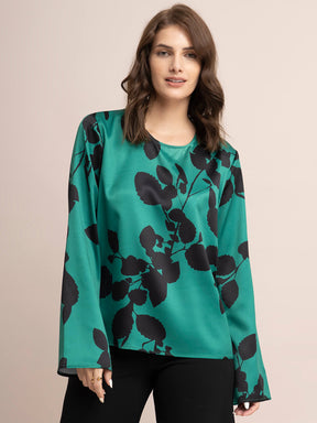 Satin Bell Sleeve Top - Green And Black