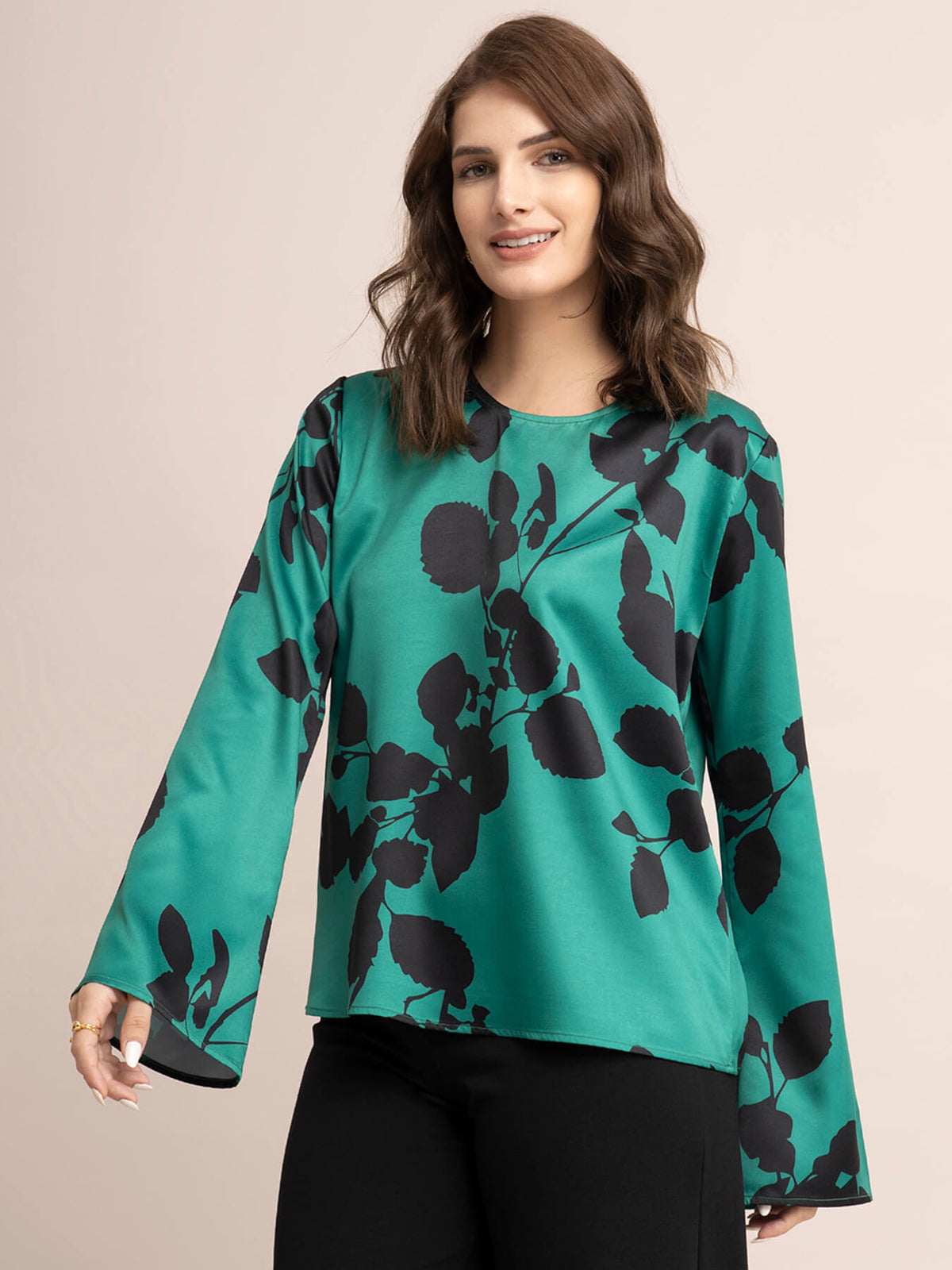 Satin Bell Sleeve Top -  Green And Black