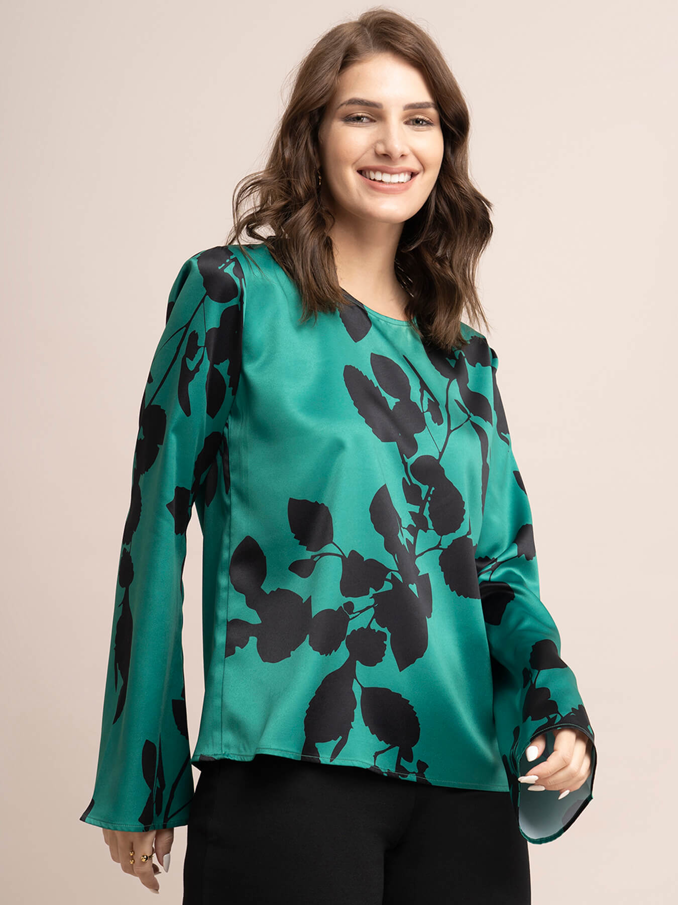 Satin Bell Sleeve Top - Green And Black