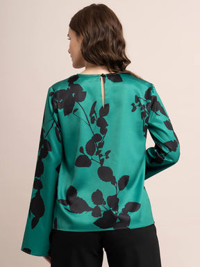 Satin Bell Sleeve Top - Green And Black