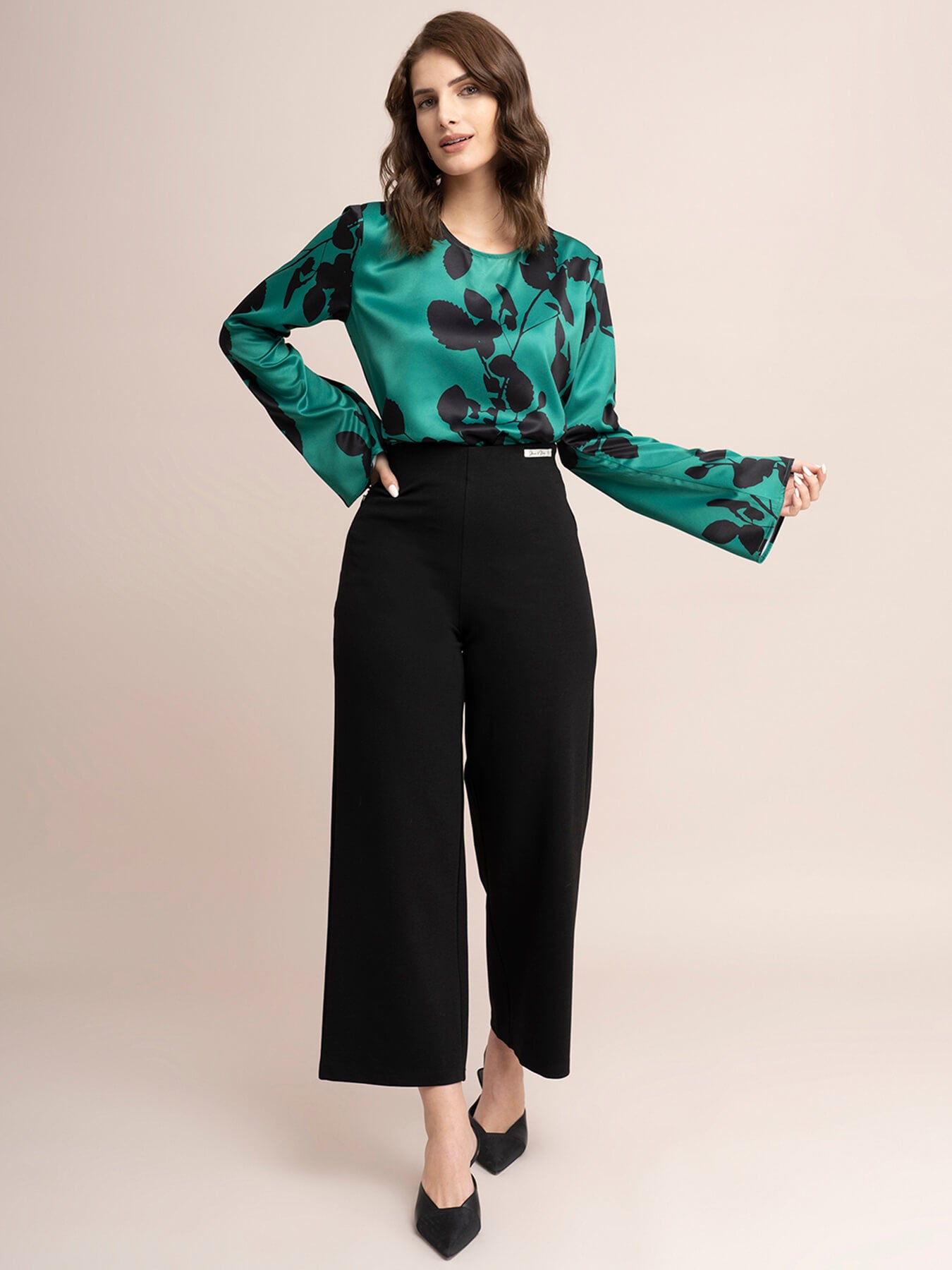 Satin Bell Sleeve Top - Green And Black
