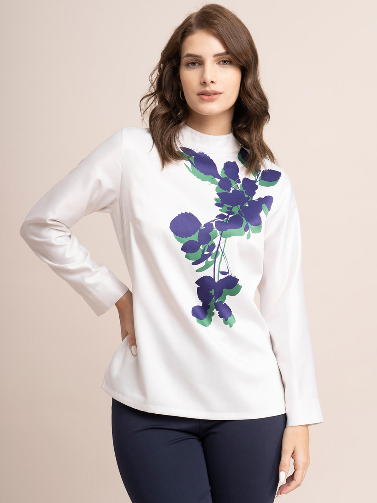 Satin Placement Floral Print Top - Beige And Blue