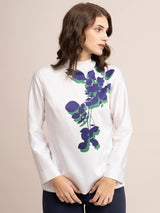 Satin Placement Floral Print Top - Beige And Blue