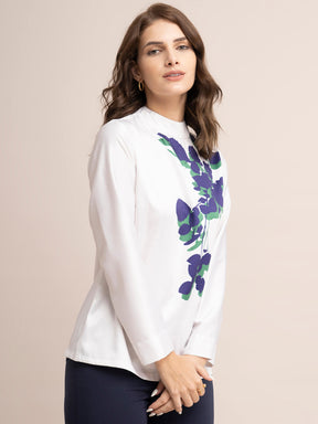 Satin Placement Floral Print Top - Beige And Blue