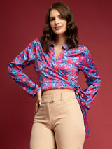 Satin Geometric Print Top - Blue And Fuchsia