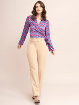 Satin Geometric Print Top - Blue And Fuchsia