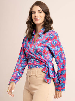 Satin Geometric Print Top - Blue And Fuchsia