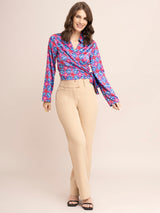 Satin Geometric Print Top - Blue And Fuchsia