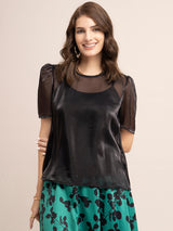 Organza Solid Balloon Sleeve Top - Black