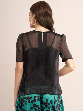 Organza Solid Balloon Sleeve Top - Black