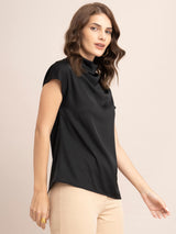 Satin Cowl Neck Top - Black