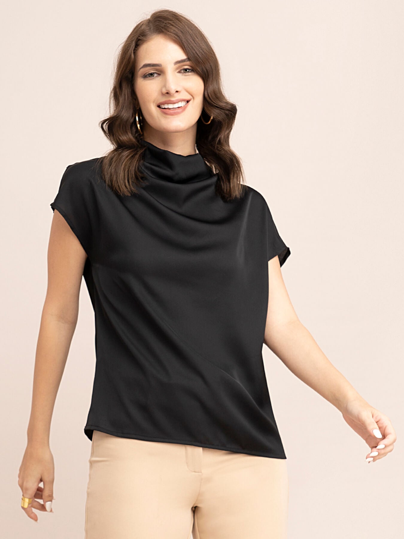 Satin Cowl Neck Top - Black