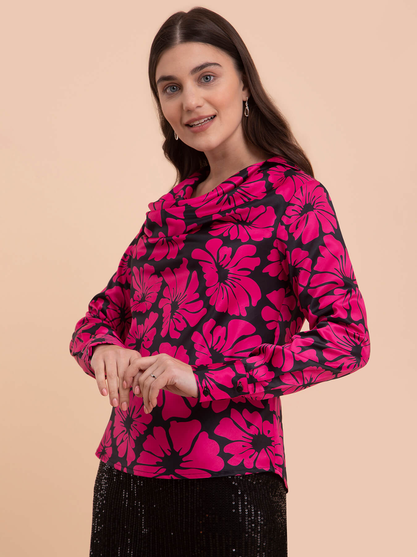 Satin Floral Print Top - Black and Pink