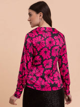 Satin Floral Print Top - Black and Pink