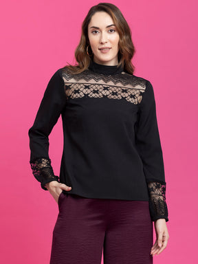 High Neck Lace Top - Black