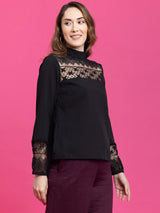 High Neck Lace Top - Black