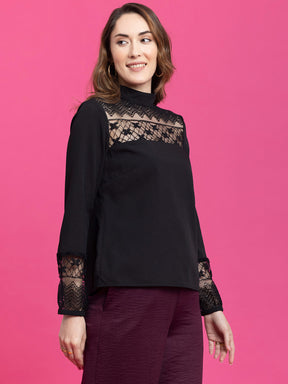 High Neck Lace Top - Black