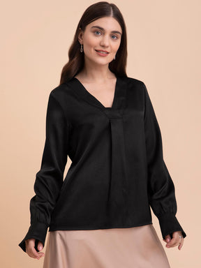 Satin Front Pleat Detail Top - Black