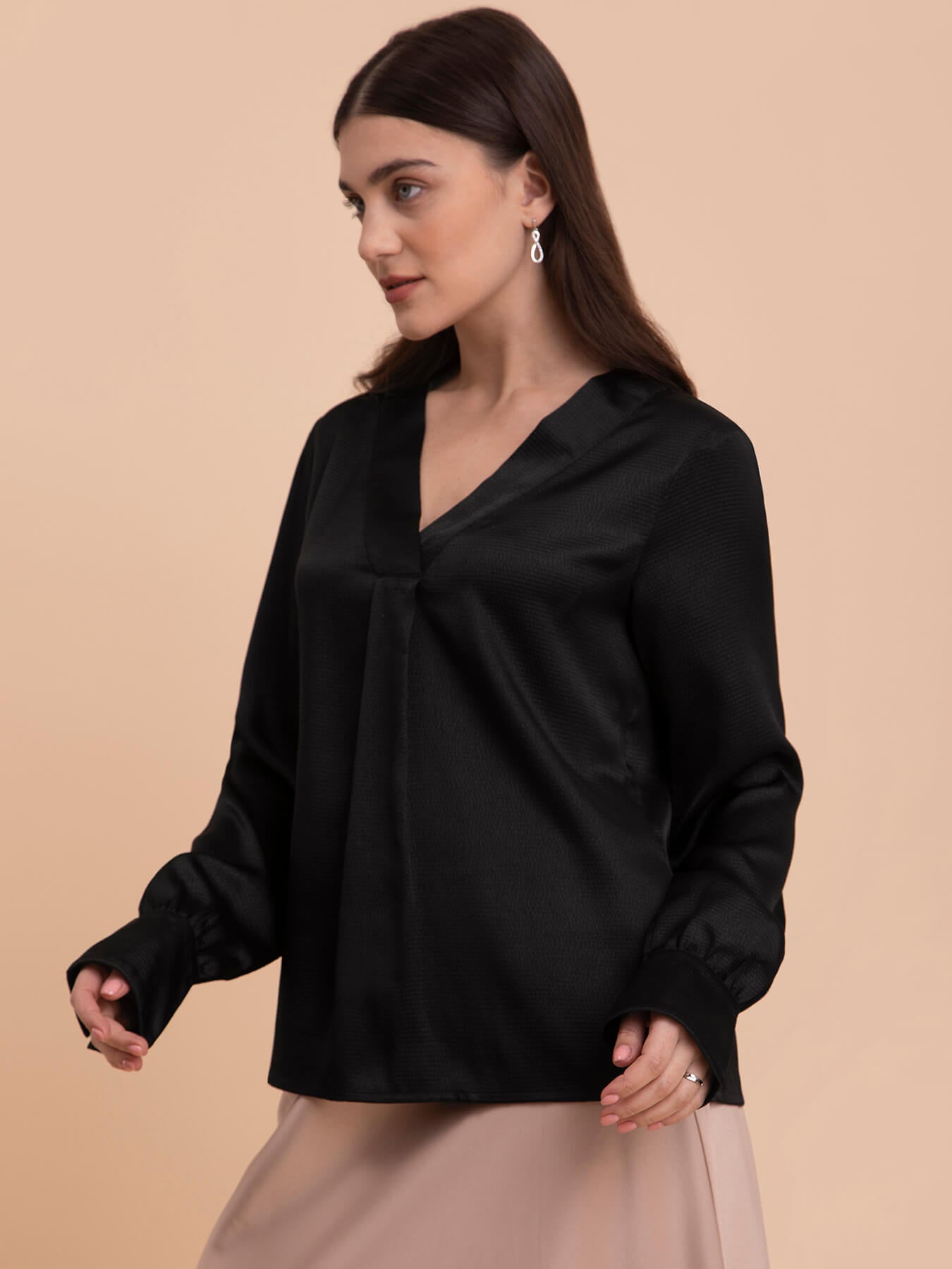 Satin Front Pleat Detail Top - Black