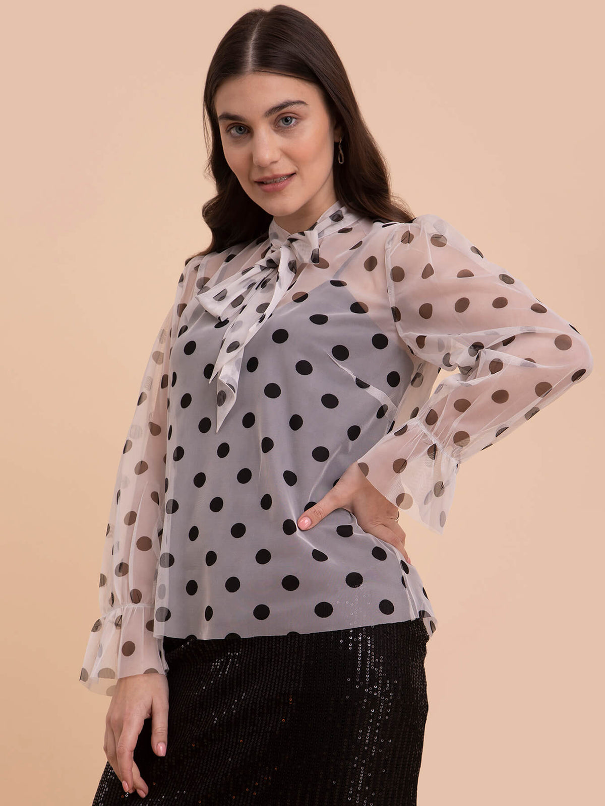 Tie Up Polka Print Net Top - White and Black