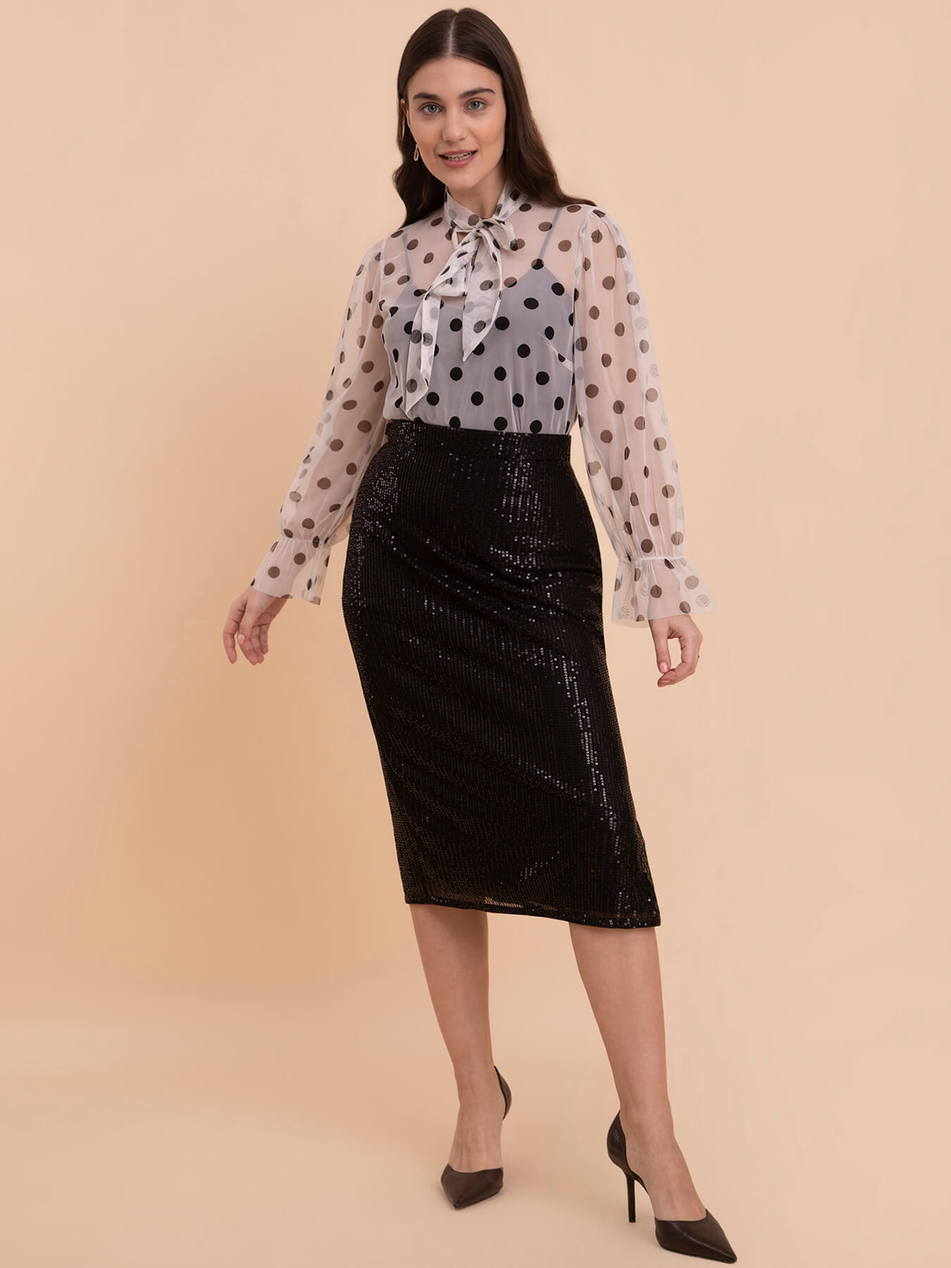 Tie Up Polka Print Net Top - White and Black