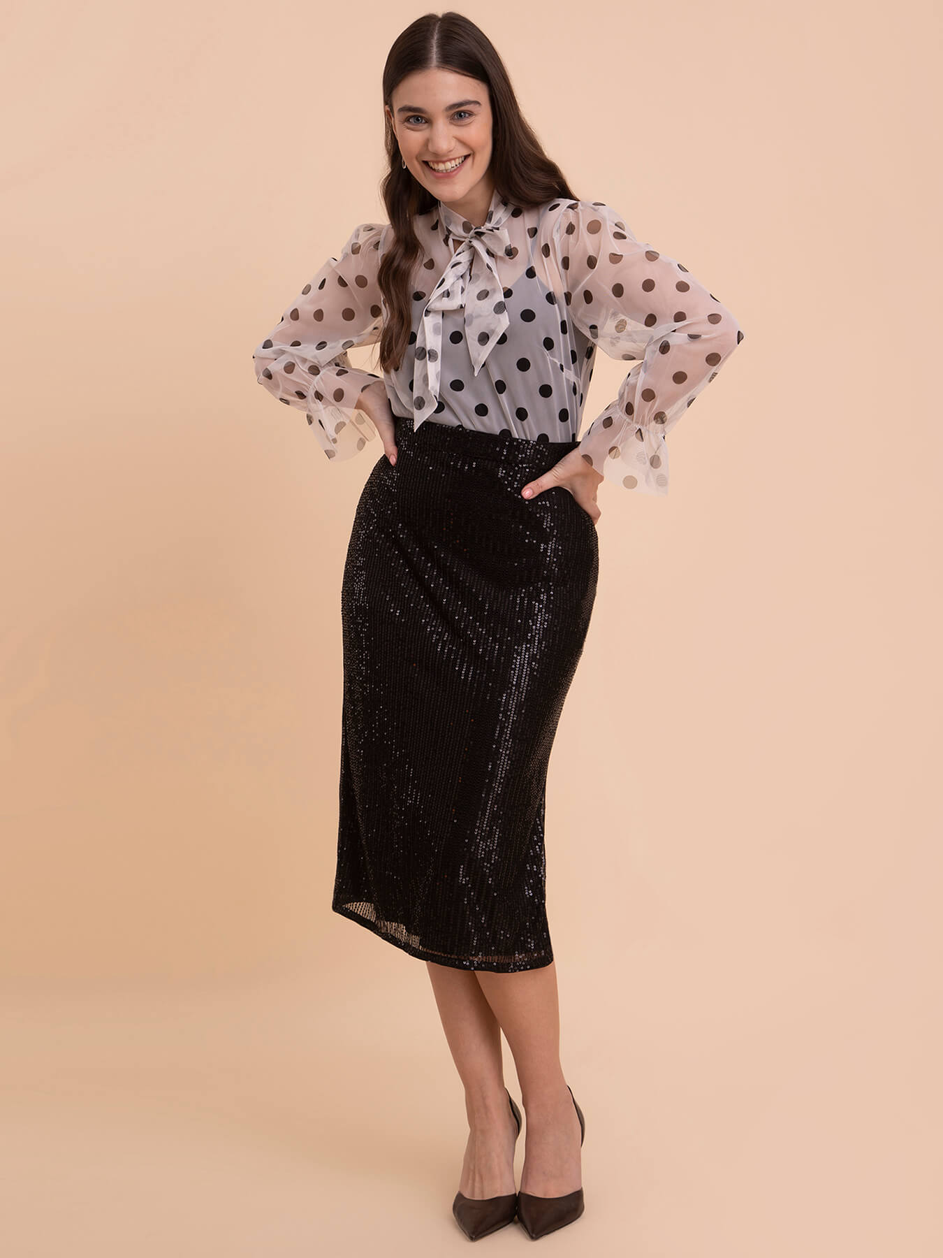 Tie Up Polka Print Net Top - White and Black