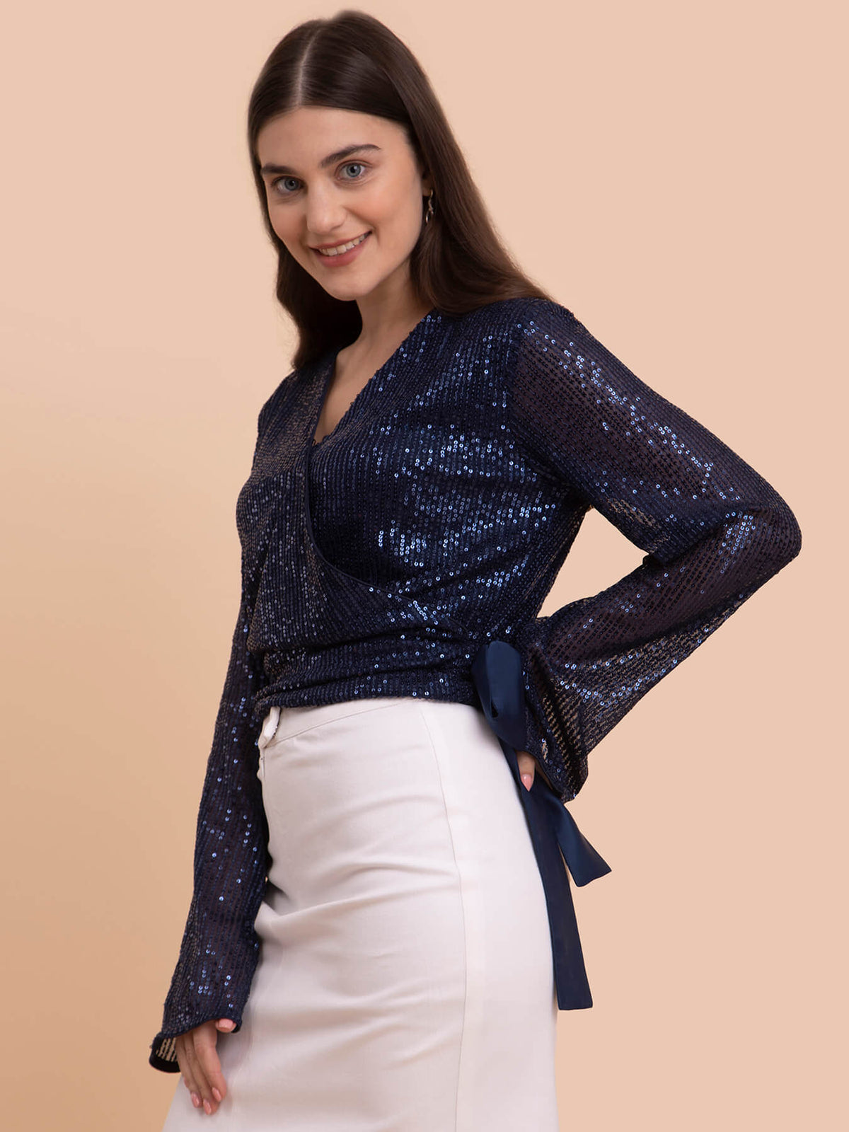 Sequin Wrap Top - Navy Blue