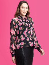 Floral Print Tie-Up Top - Black and Pink