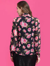 Floral Print Tie-Up Top - Black and Pink