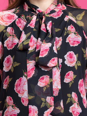 Floral Print Tie-Up Top - Black and Pink