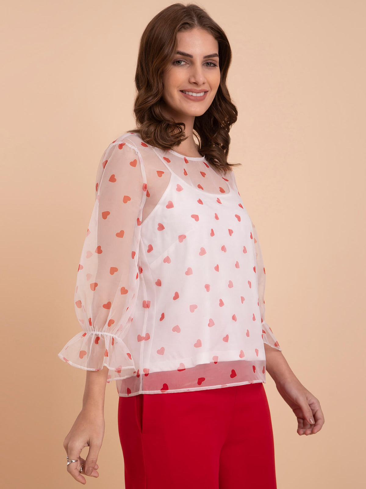 Organza Heart Print Top - White And Red