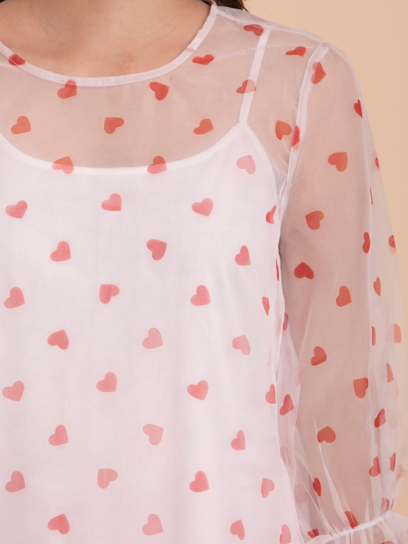 Organza Heart Print Top - White And Red