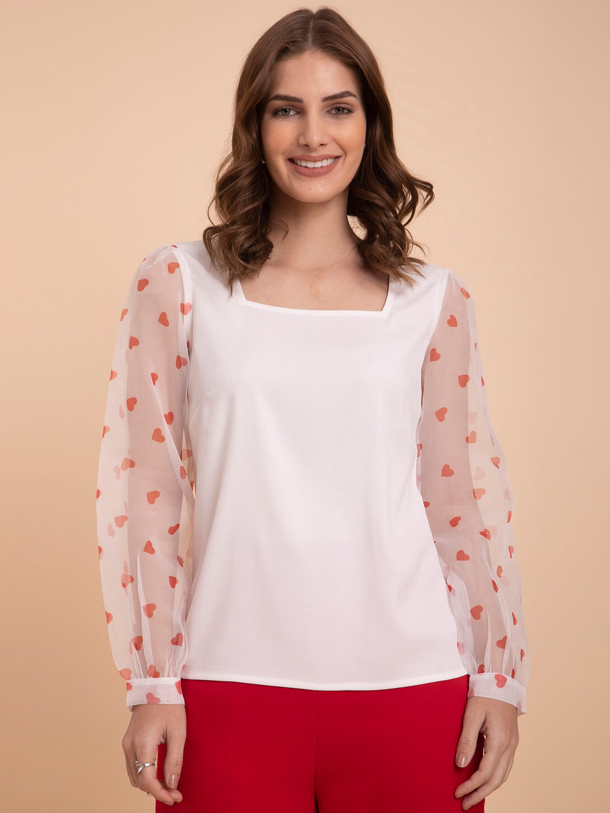 Organza Square Neck Top - White And Red